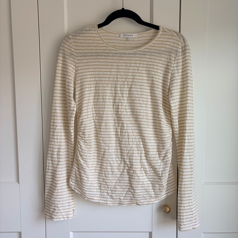 Frame Denim White and Cream/Gold Striped Long Sleeve Top | S
